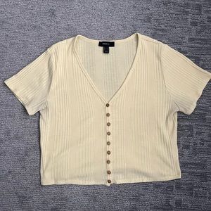 Forever 21 Yellow Cropped V-Neck Knit Summer Shirt with Buttons